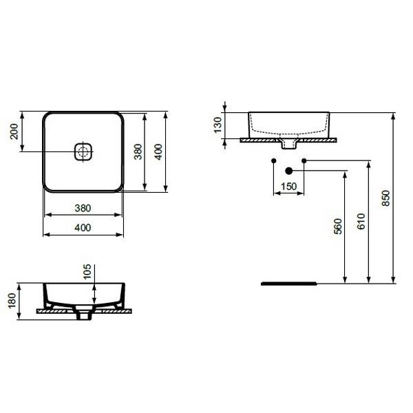 LAVOAR STRADA II PATRAT 40X40 MONTAJ PE BLAT, FARA ORIFICIU BATERIE, FARA PREAPLIN